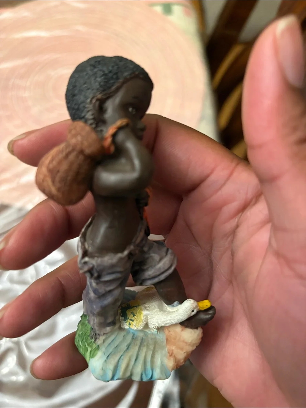 Vintage African American Boy Fishing with Duck Resin Figurine